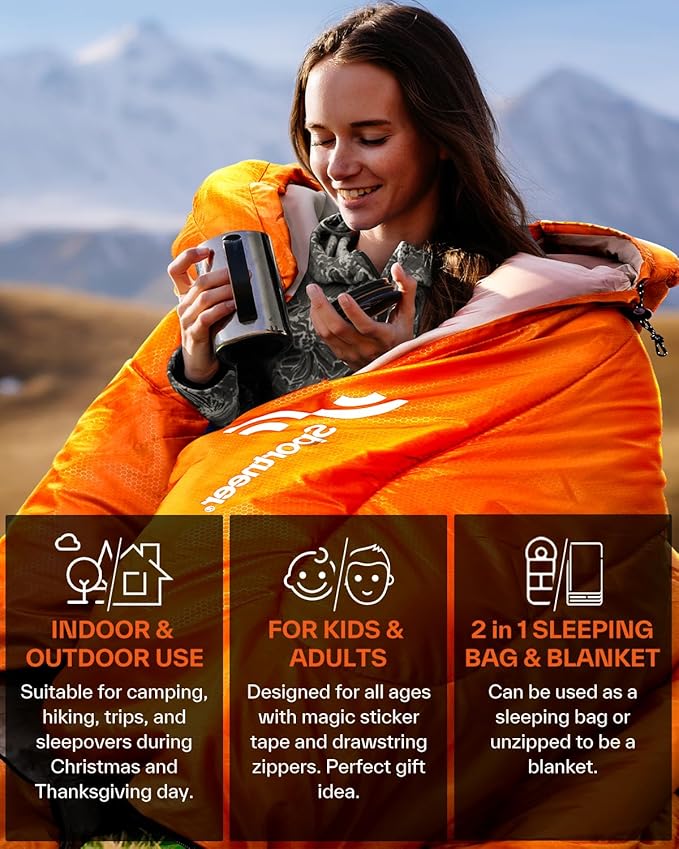 Sportneer Sleeping Bags for Adults, Warm & Cold Weather Sleeping Bag for Adults Kids Boys Girls - Lightweight Compact Camping Gear Equipment, Traveling, Backpacking, Hiking