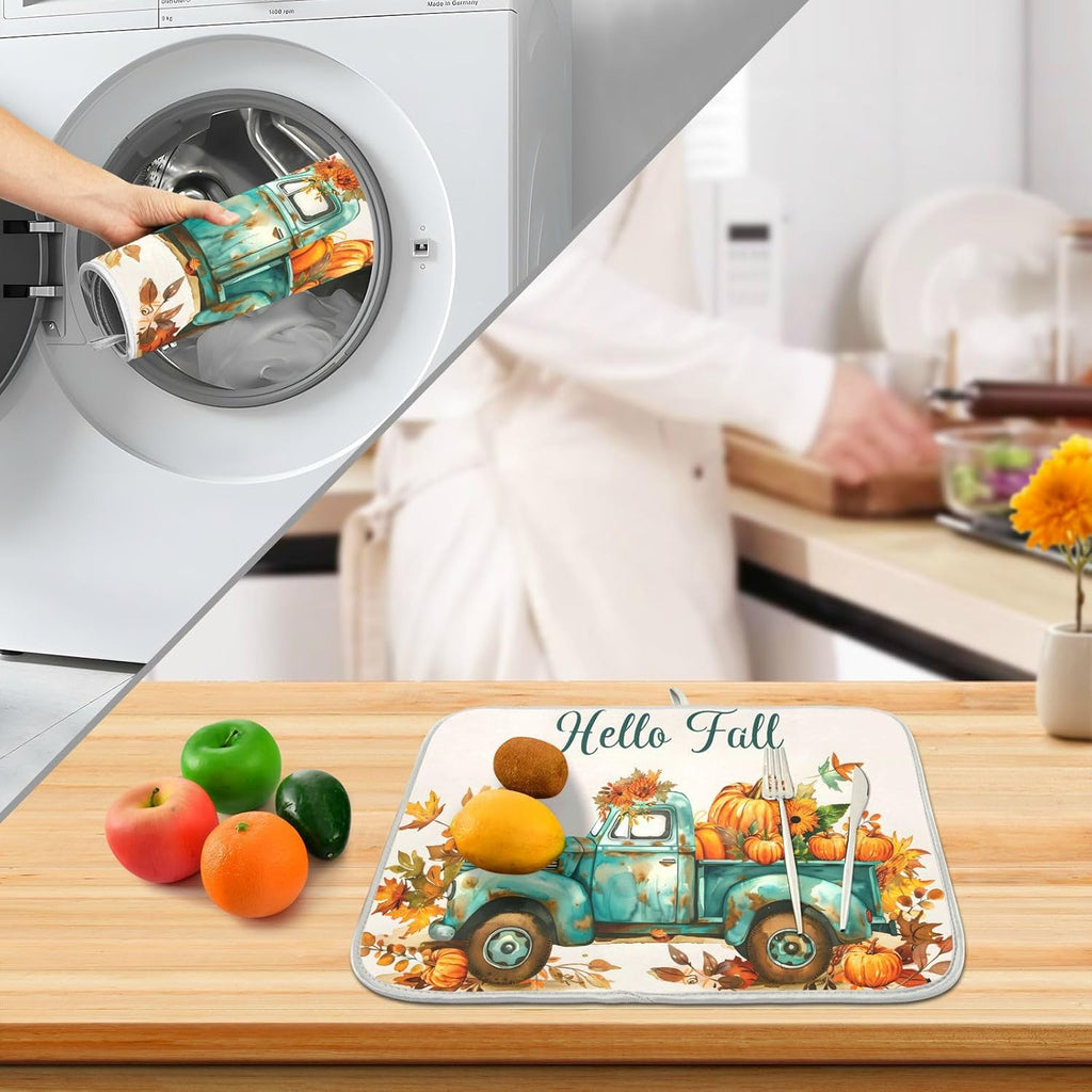 Vintage Fall Truck with Pumpkins Autumn Leaves Dish Drying Mat for Kitchen Counter Absorbent Microfiber Large Drying Pad Dish Mats for Kitchen Countertops 18 x 24 Inch