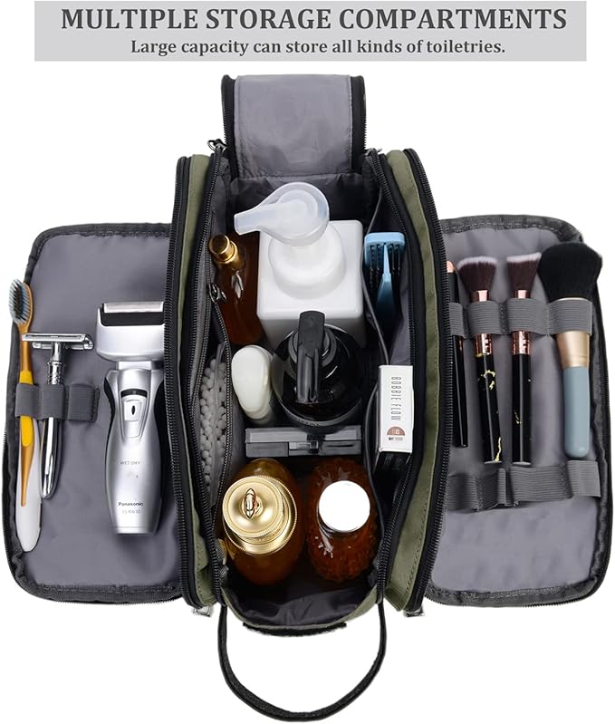 Mens Toiletry Bag Travel Leather Toiletry Organizer Dopp Kit for Men Water-resistant Shaving Bag for Bathroom (Green)