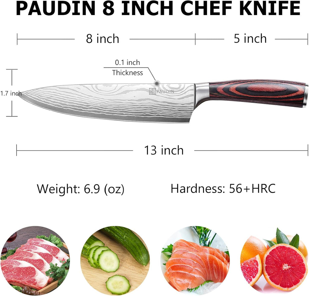 PAUDIN Chef Knife, 8 Inch High Carbon Stainless Steel Sharp Kitchen Knife with Ergonomic Handle, Gift Box for Family & Restaurant