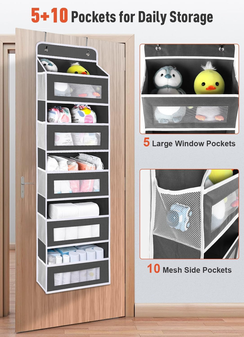 Upgrade Pocket 2 Pack Over The Door Organizer Storage, 5 Shelf Hanging Door Organizers with 10 Large Capacity Pockets, Anti Tilt 48 lb Load Behind Door Organizer for Bedroom, Bathroom, Pantry