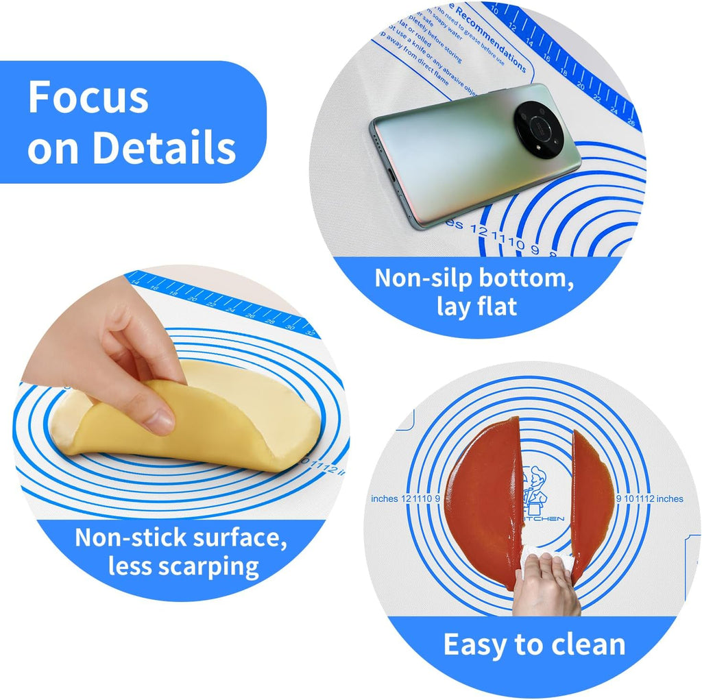 Silicone Pastry Mat for Baking, Pastry Dough Mat for Rolling, Kneading Mat, Silicone Baking Mat for Pizza Cookies Pie Crust Kitchen Counter Mat Placemat Oven Mat