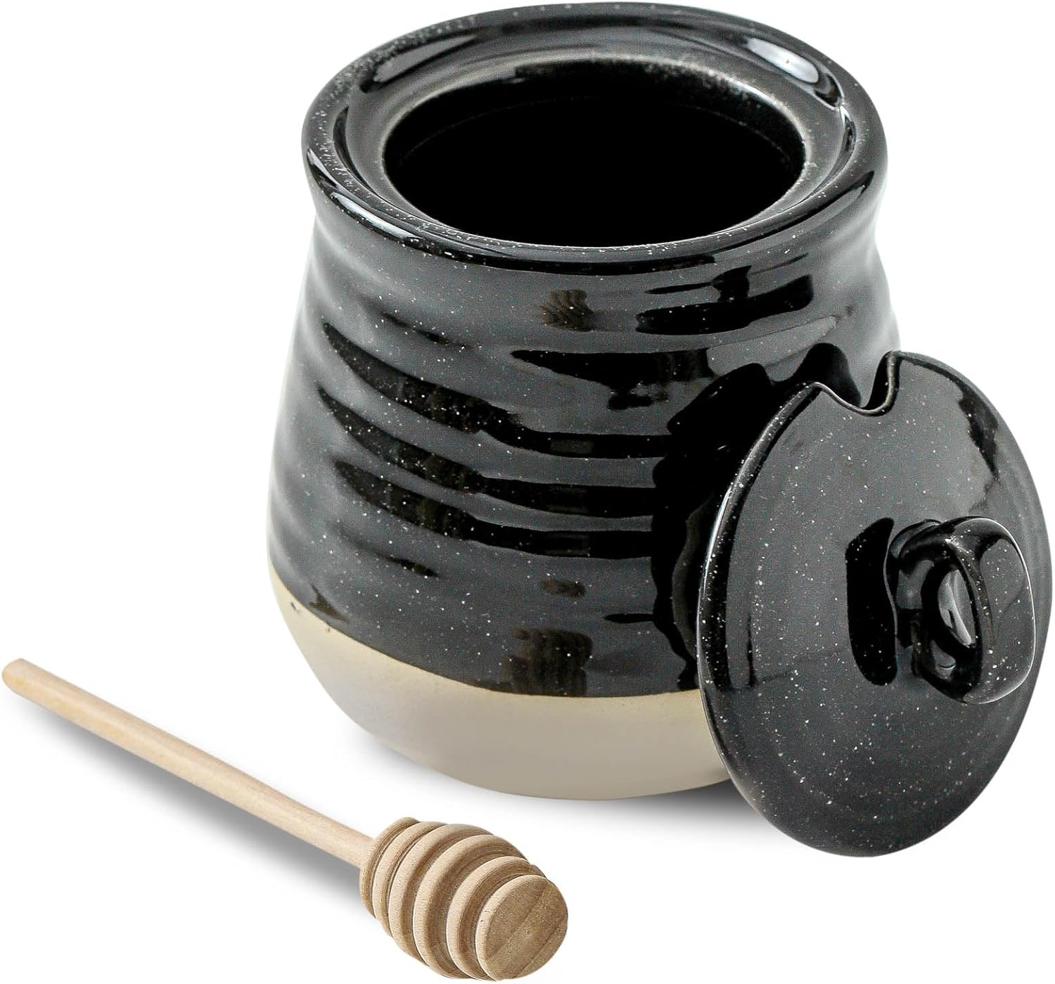 Ceramic 12 Ounce Honey Jar and Dipper Set,Porcelain Honey Pot with Lid and Wooden Dipper,Cute Honey Containers for Party,Holiday,Halloween Favors,Farmhouse Kitchen Decor,Dishwasher Safe,Black
