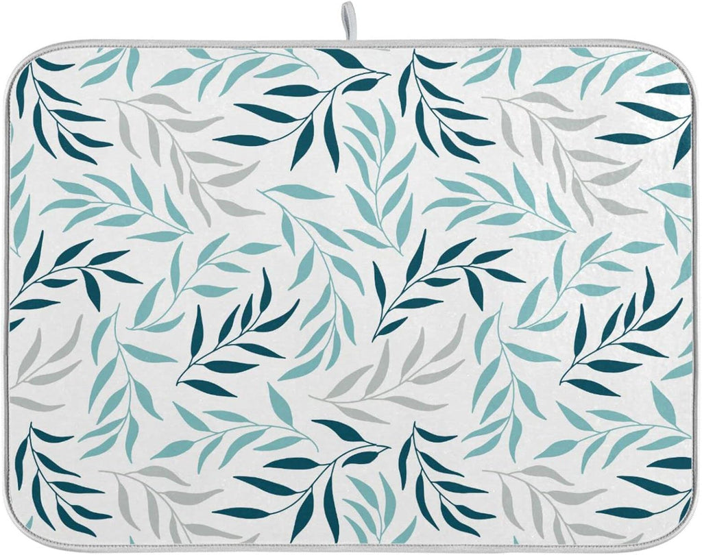 Blue Grey Olive Leaves Dish Drying Mat for Kitchen Counter Absorbent Microfiber Drying Pad, Large 18x24 in, Reversible Drainer Mats