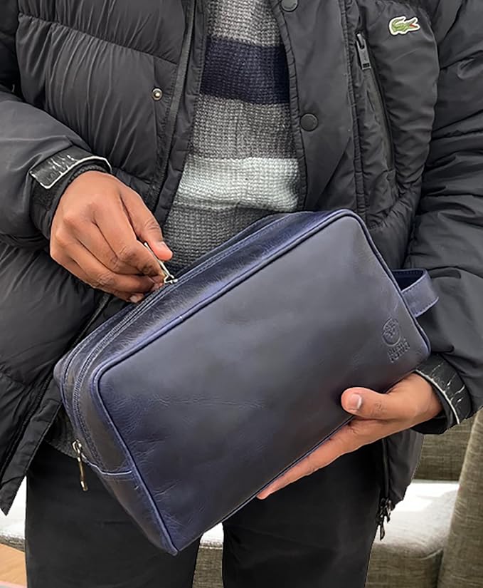 RUSTIC TOWN Leather Toiletry Bag for Men - Travel Shaving Dopp Kit - Bathroom Shower Toiletries Organizer - Leather Cosmetic Bag for Women (Oxford Blue)