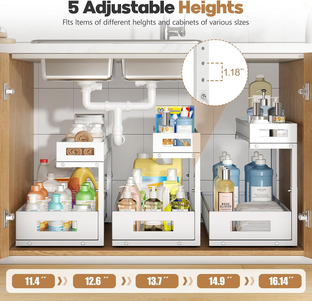 2 Pack 20.47IN Depth Under Sink Storage Organizer, Large 2-Tier Elegant Mesh Pull Out Shelf for Kitchen and Bathroom Cabinet Organization, L-Shaped and Adjustable Height Design-White