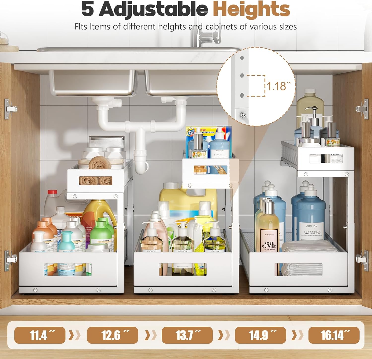 2 Pack 20.47IN Depth Under Sink Storage Organizer, Large 2-Tier Elegant Mesh Pull Out Shelf for Kitchen and Bathroom Cabinet Organization, L-Shaped and Adjustable Height Design-White