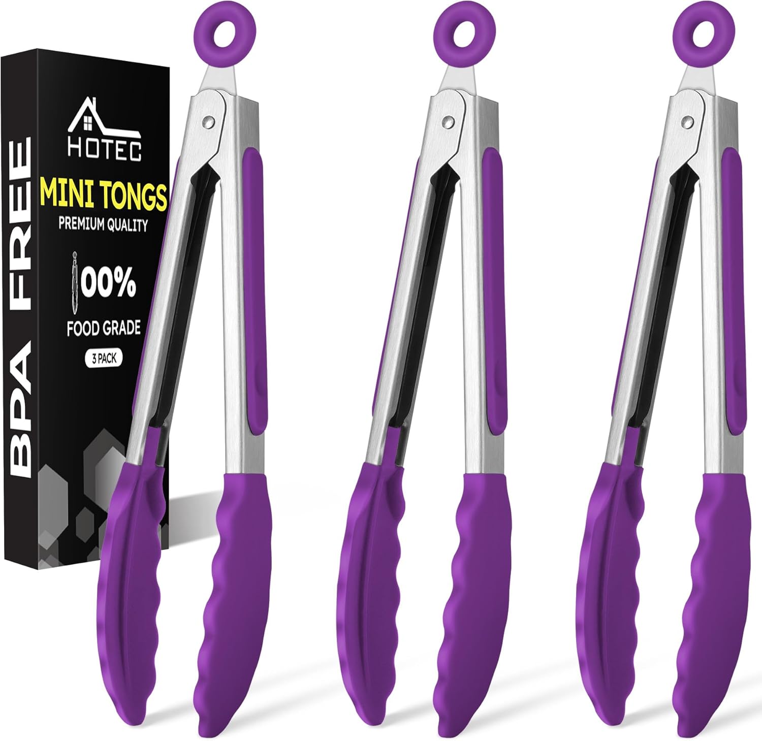 Hotec Mini Silicone Kitchen Tongs for Cooking - 7-Inch Small Serving Tongs with Silicone Tips, Set of 3 (Purple)