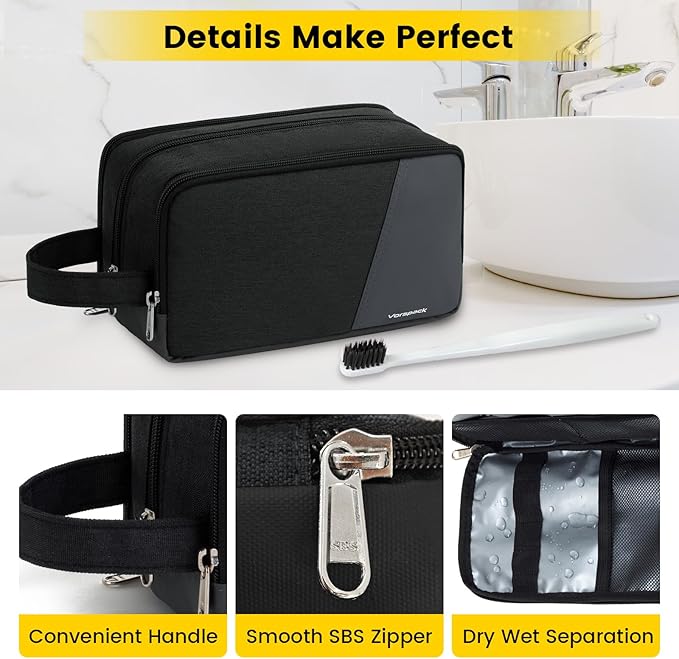 Vorspack Travel Toiletry Bag - Toiletry Bag for Men Water Resistant Skincare Bag Dopp Kit for Bathroom Toiletries Accessories Gifts - Black