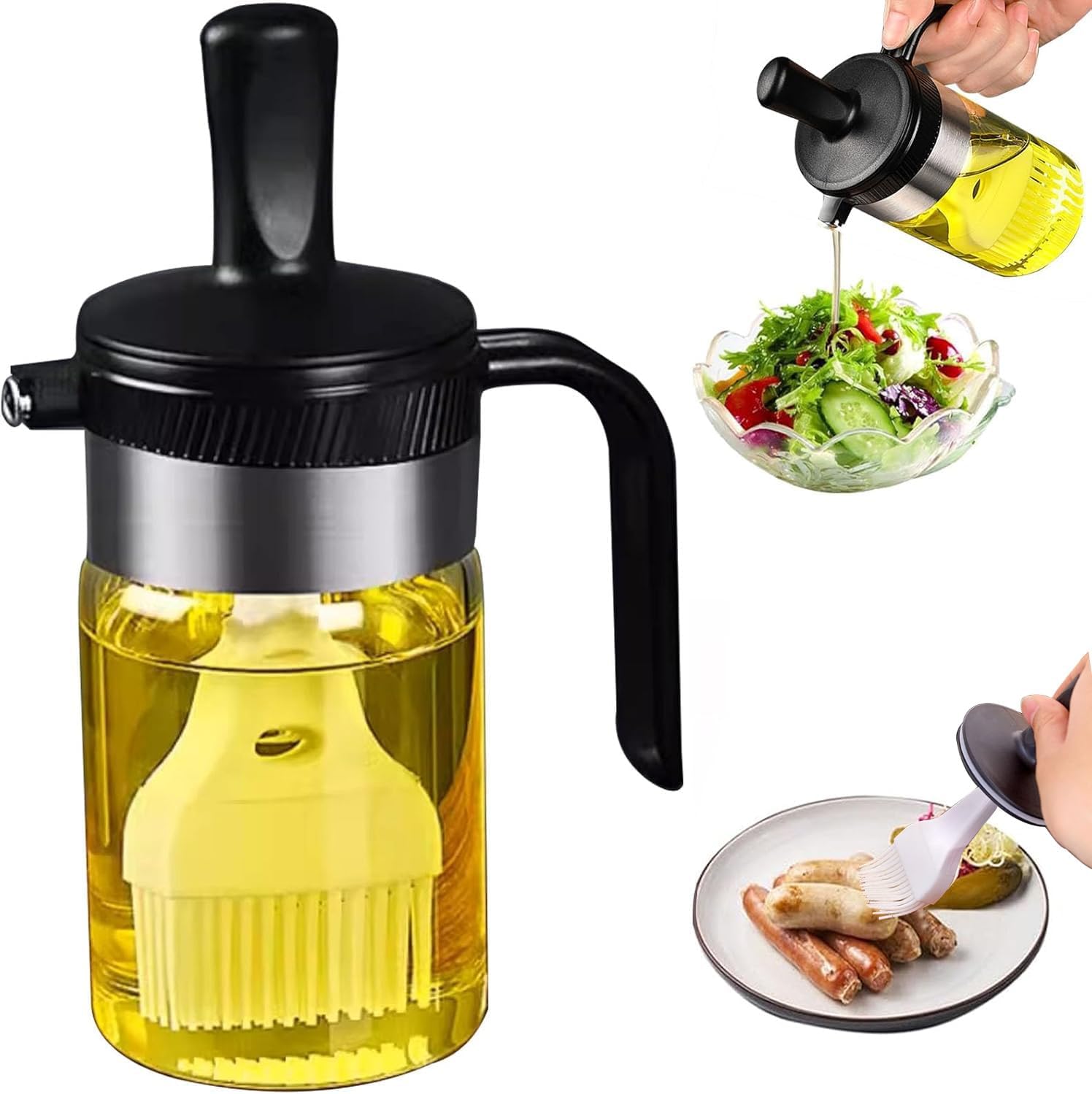 Olive Oil Dispenser Bottle with Brush- 2 in 1 Oil Dispenser & Silicone Brush for Kitchen Cooking Vinegar Sauce BBQ Salad Grill Frying- 200ml/7oz, Black