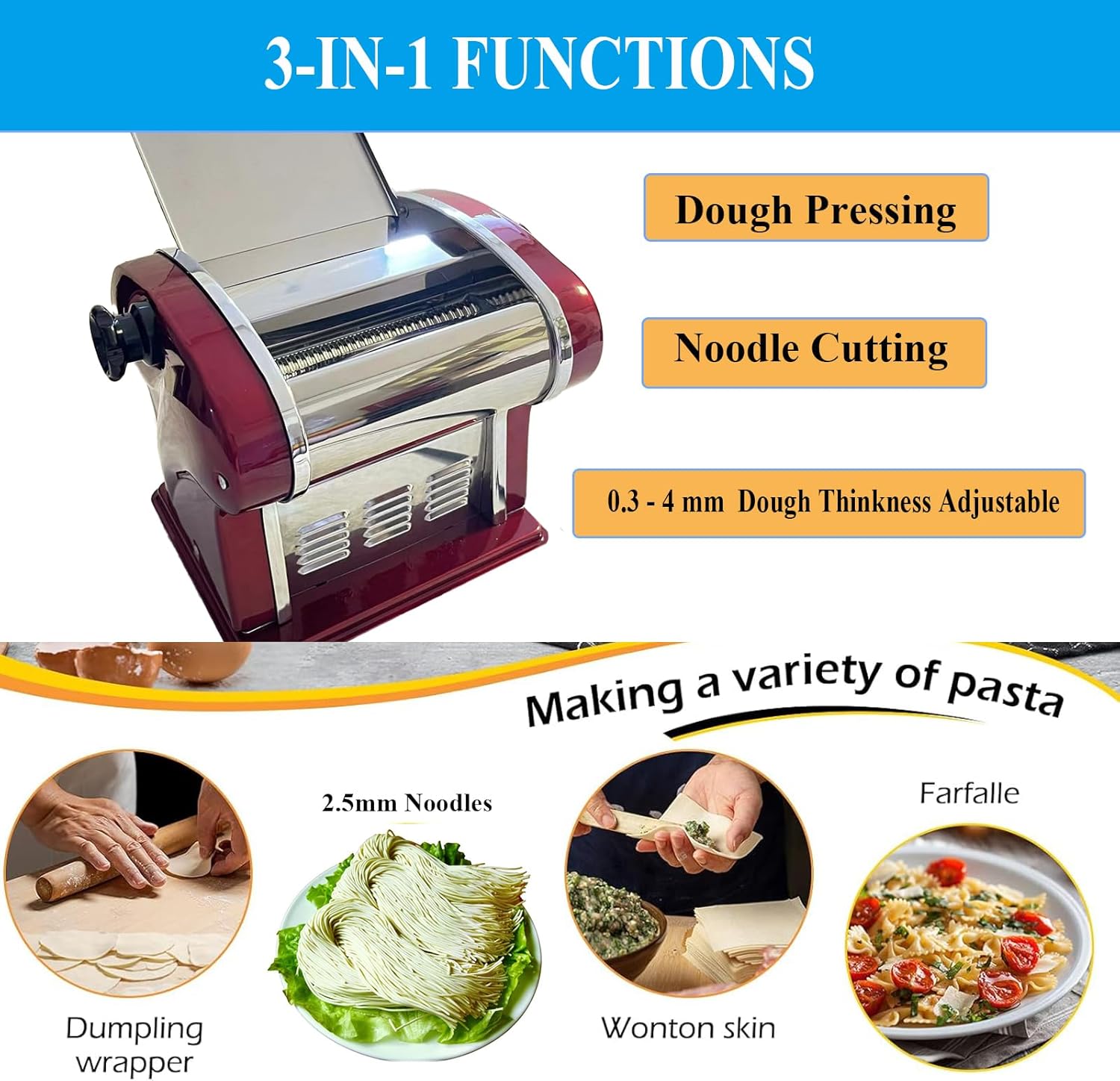 XINGYUEXUAN Electric Pasta Maker Noodle Machine with 1 Blades of 2.5 mm Round, 9 Gear Thickness Adjustment 0.3-4 mm for Pasta Noodle Dumpling (red)