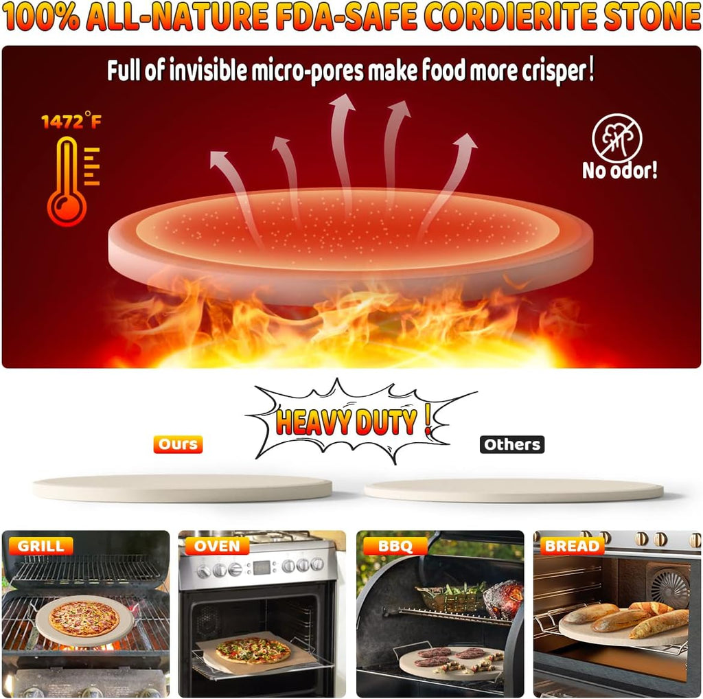 5 PCS Large Pizza Stone Set,Heavy Duty 16" Pizza Stone for Oven and Grill with Handle Rack,Pizza Peel(OAK), Pizza Cutter Rocker & Cooking Paper,Large Baking Stone for Pizza, Bread