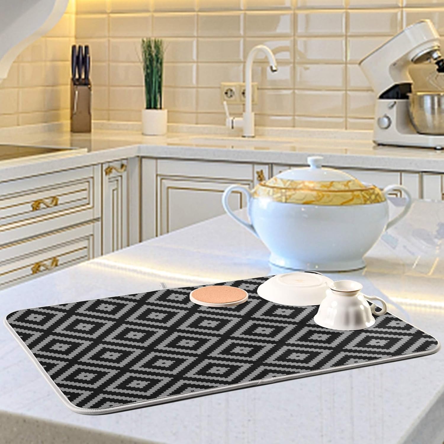 Super Absorbent Dish Drying Mat Microfiber Fast-Drying Dish Mat 24" x 18 Kitchen Dish Drying Pad Black Moroccan Rhombus Plaid