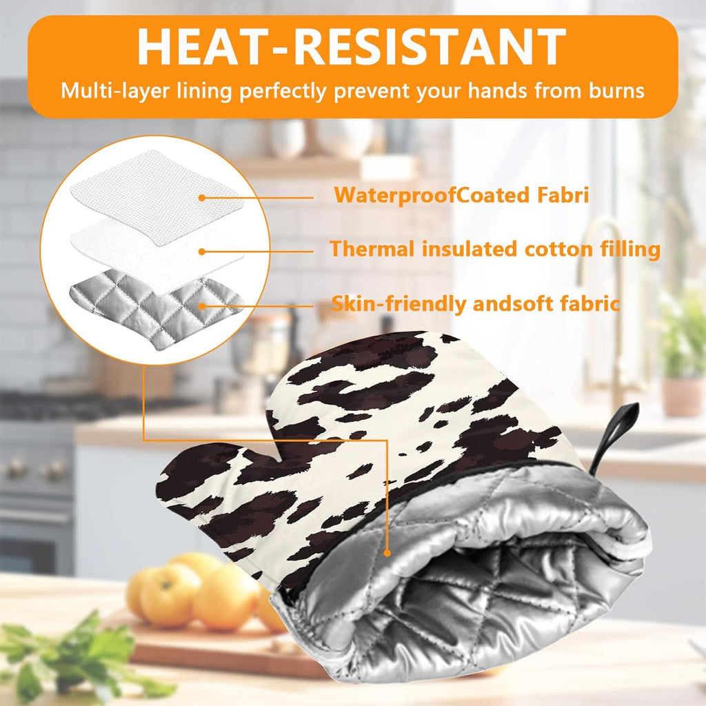 Black Cow Print Oven Mitts and Pot Holders Sets 4Pcs,Extra Long Oven Gloves Potholder for Kitchen Cooking Baking BBQ 100% Cotton Heat Resistant