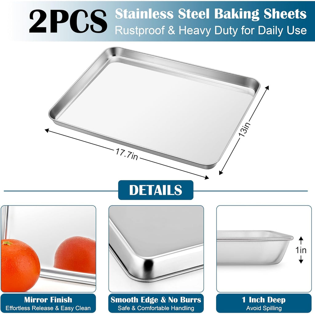 E-far Baking Sheet with Wire Rack (2 Pans + 2 Racks), Large Stainless Steel Cookie Sheets Pan & Cooling Rack for Baking Cookies Cake, Non Toxic & Heavy Duty, Oven & Dishwasher Safe, 18 x 13 x 1 Inch