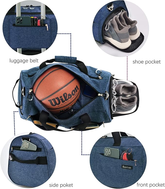 Kuston Sports Gym Bag with Shoes Compartment &Wet Pocket Gym Duffel Bag Overnight Bag for Men and Women (Navy blue)