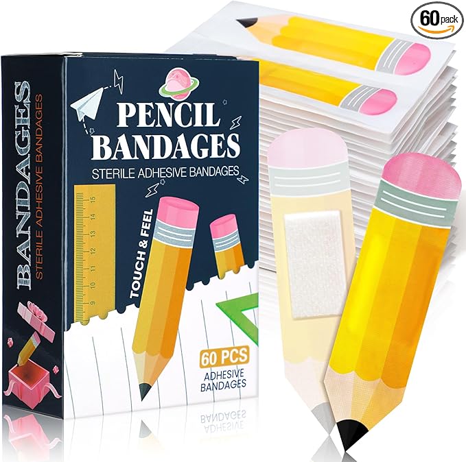 Geiserailie 60 Pcs Back to School Pencil Kids Bandages with Gift Box Self Adhesive Pencil Bandages for Minor Cuts Scrapes Fun First Aid Kit Graduation Gift First Day of School Classroom Party Supplies