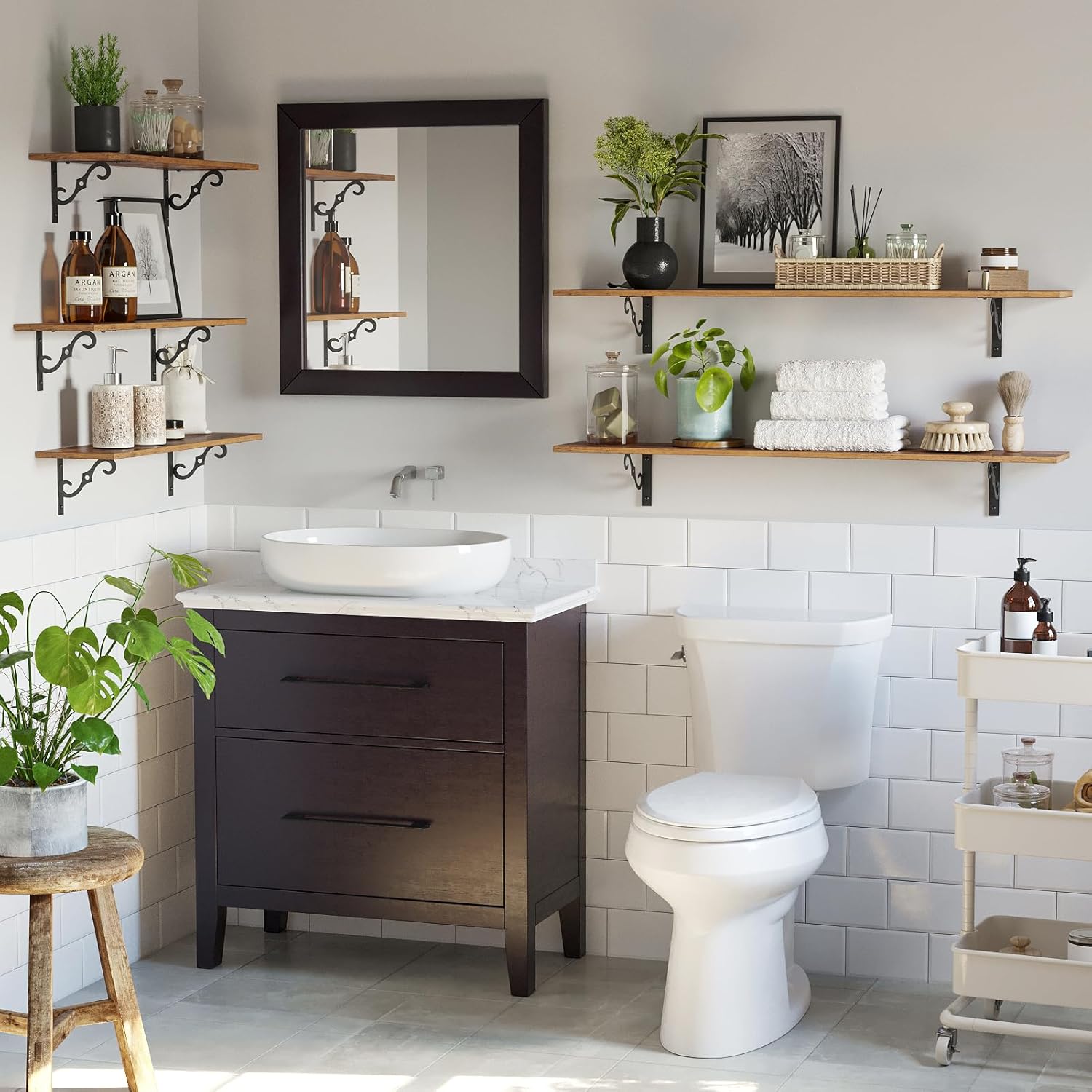 DINZI LVJ Long Wall Shelves, 31.5 Inch Large Floating Shelves Set of 4, Wide Display Shelf Wall Mounted with Brackets, Easy Hanging for Living Room, Toilet, Office, Bedroom, Rustic Brown