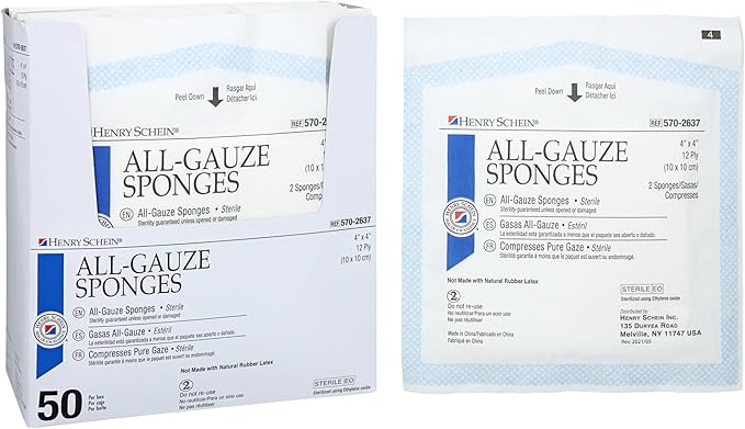 Premium 100% Cotton All-Gauze Sponge 4x4 12 Ply Sterile Square for Wound Care & Home First Aid Kits - 200/Box