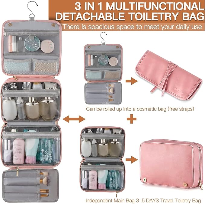 Elviros Travel Toiletry Bag for Men and Women with Hanging Hook, 3 in 1 Multifunctional Large Makeup Cosmetic Case for Toiletries Accessories, Water-resistant PU Leather Bathroom Dopp Kit Shaving Bag