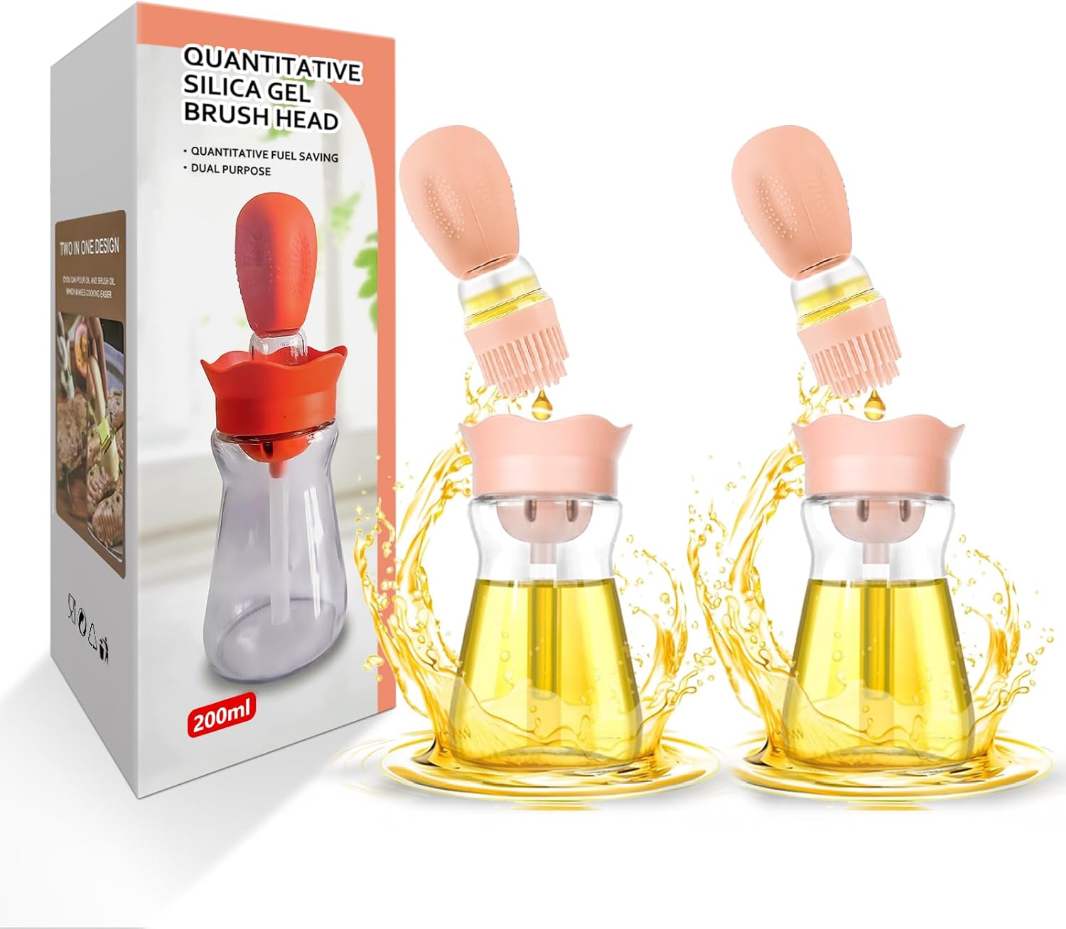 Oil Dispenser with Brush-2 Pack 7oz/200ML 2 IN 1 Glass Cooking Oil Dispenser Bottle with Silicone Basting Brush for Kitchen, Oil Storage and Container for Cooking BBQ, Sauce, Frying - Cream White