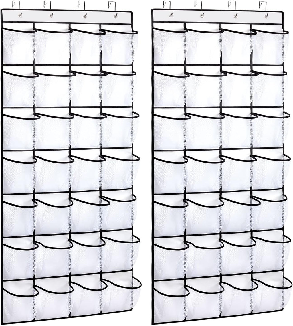 REGELETO 2 Pack 28 Pocket Over the Door Shoe Organizer, Hanging Shoe Rack for Door Large Capacity Shoe Organizer Holder with 4 Metal Hooks (White-2Pack)