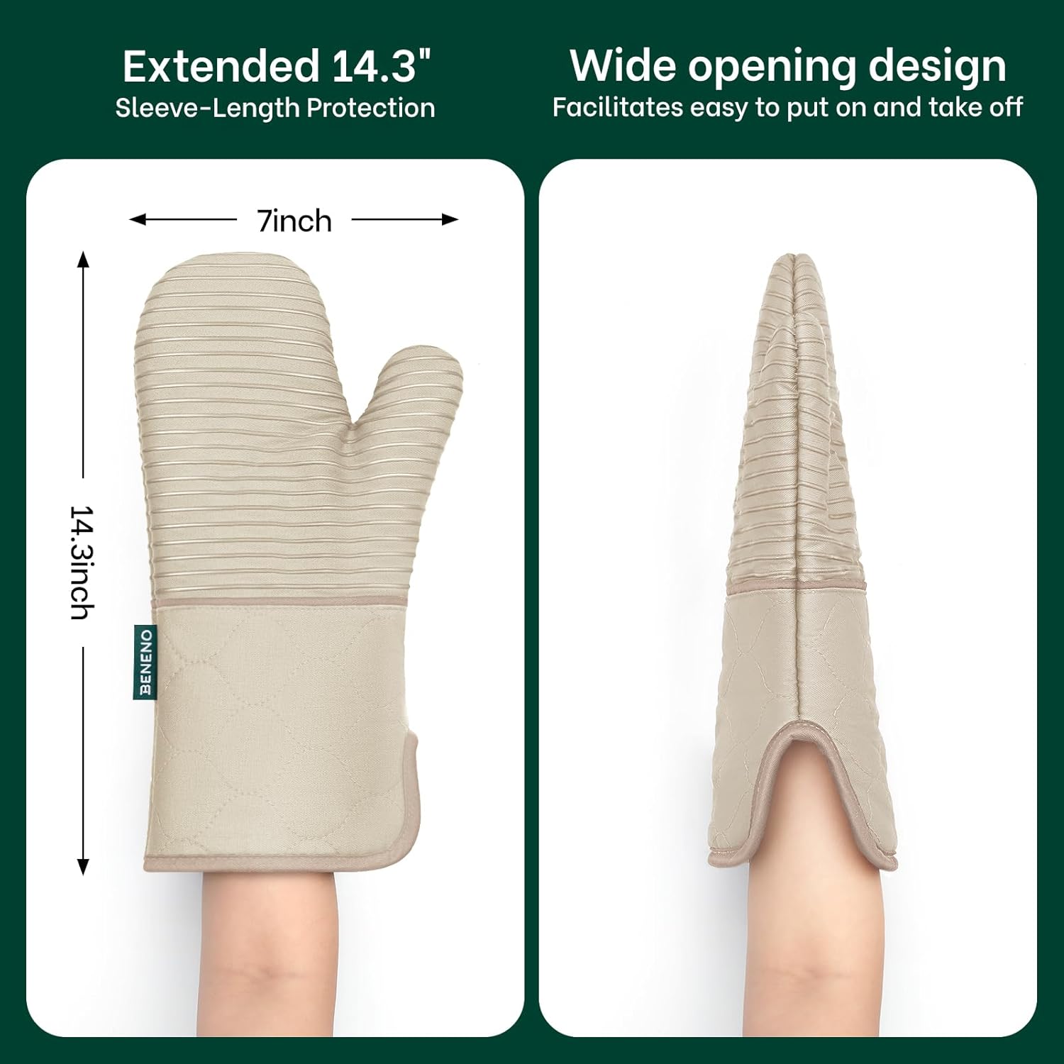 Beneno Kitchen Oven Mitts 2-Pack Heat Resistant to 500°F with Non-Slip Silicone Grip, Extra Long 14.3" Forearm Protection, Soft Quilted Cotton Terry Lining, Ideal for Cooking, Baking, Grilling, Beige