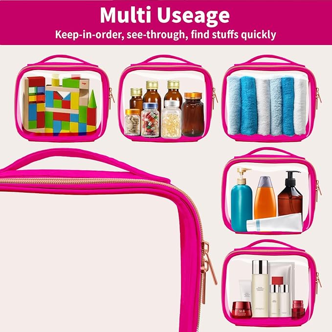TSA Approved Travel Toiletry Bag,2 Pack Clear Makeup Bags with Handles,Quart Size Clear Cosmetic Bags for Traveling Women,Men,Carry on Airport Airline Compliant Bag,Rose Red