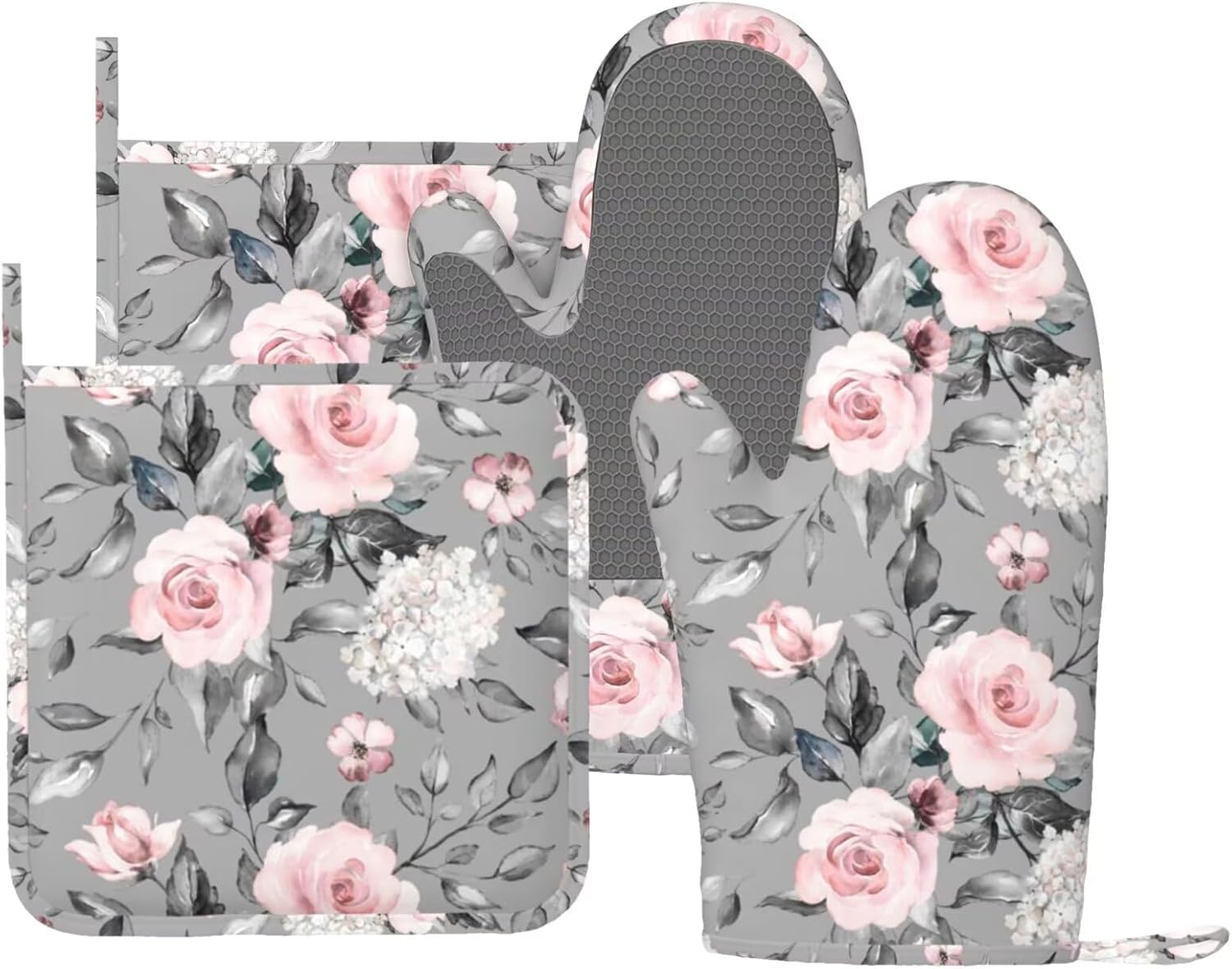 Roses Oven Mitts Pot Holders Set Silicone Heat Resistant Gray Flower Pink Rose Oven Mitts and Hot Pads Rose Potholders Non-Slip Oven Gloves for Cooking Baking Grilling BBQ