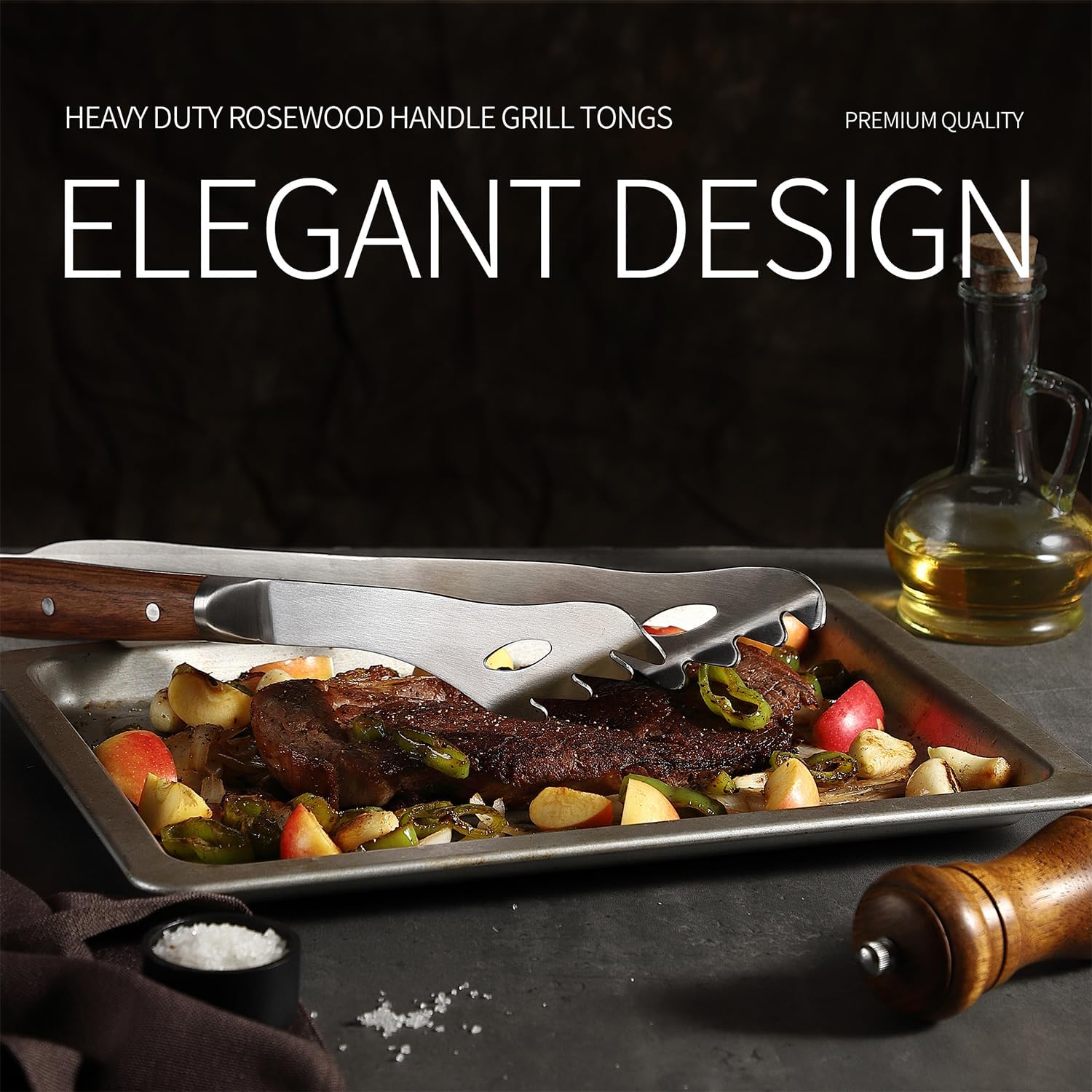 GRILLGEN Heavy Duty Rosewood Handle BBQ Grill Tongs, 16.73" Long Premium BBQ Grill Tongs for Outdoor Grilling, Essential Accessory for Barbecue & Grill, Best Grilling Gift