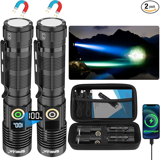 Rechargeable Flashlight High Lumens-12000LM Super Bright Magnetic Flash Light with Power Digital Display,3280Ft Long Range,Dimmable,Waterproof,Pocket Tactical LED Flashlights for Emergency Camping 2PC