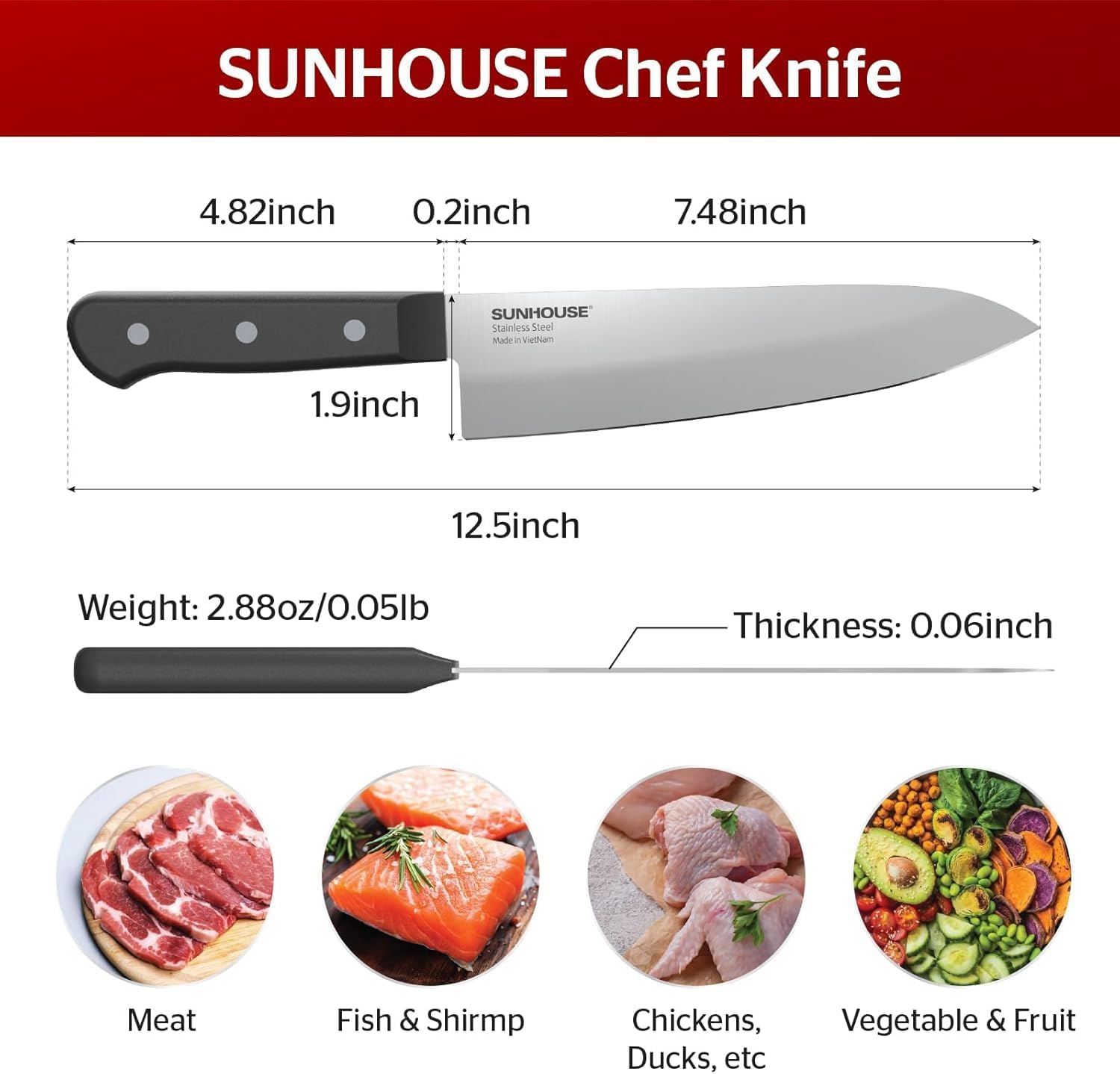 Sunhouse Chef Knife, 7.5 Inch High Carbon Stainless Steel Sharp Kitchen Knife with Ergonomic Handle, Ultra-durable 2-layer Molded Handle, A Useful Chef Gift for Mom and Dad
