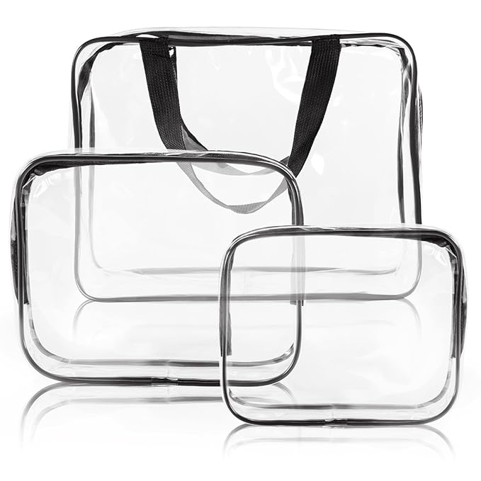 3Pcs Crystal Clear PVC Travel Toiletry Bag Kit for Women Men, Waterproof Vinyl Organizer Makeup Bags with Zipper Handle Straps, Cosmetic Bag Pouch Carry on Airport Airline Compliant Bag Handbag