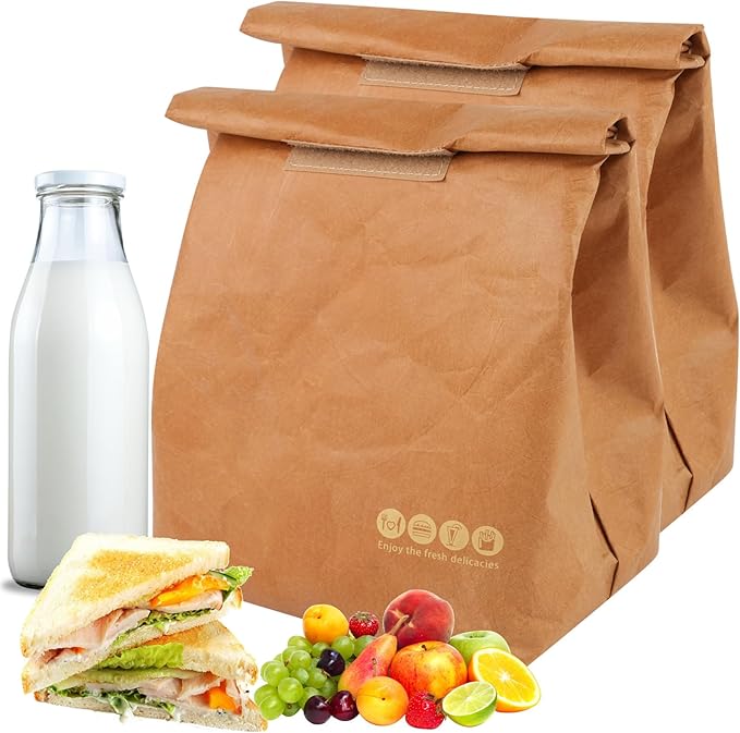 2 Pcs Insulated Brown Paper Lunch Bags, Reusable Lunch Bag Large Retro Sacks Thermal Insulation Food Storage Handbag with Velcro for Adults Office Work Picnic Travel Snacks - 7.8"L x 5.9"W x 11.8"