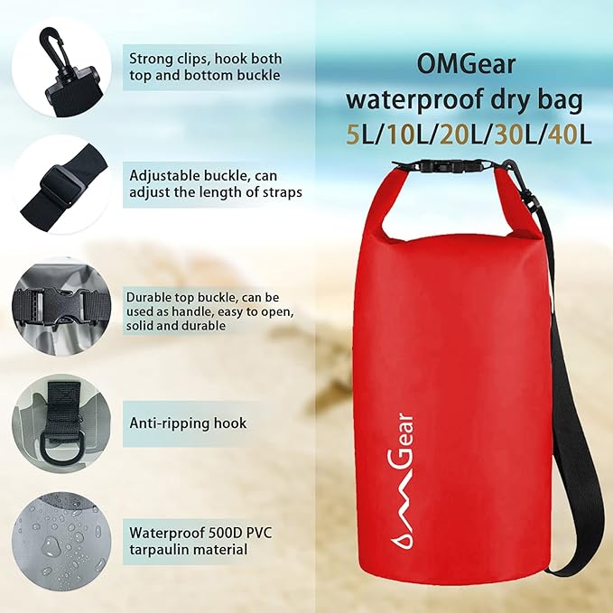 OMGear Waterproof Dry Bag Backpack Phone Pouch 40L/30L/20L/10L/5L Floating Dry Sack for Kayaking Boating Outdoors Activities