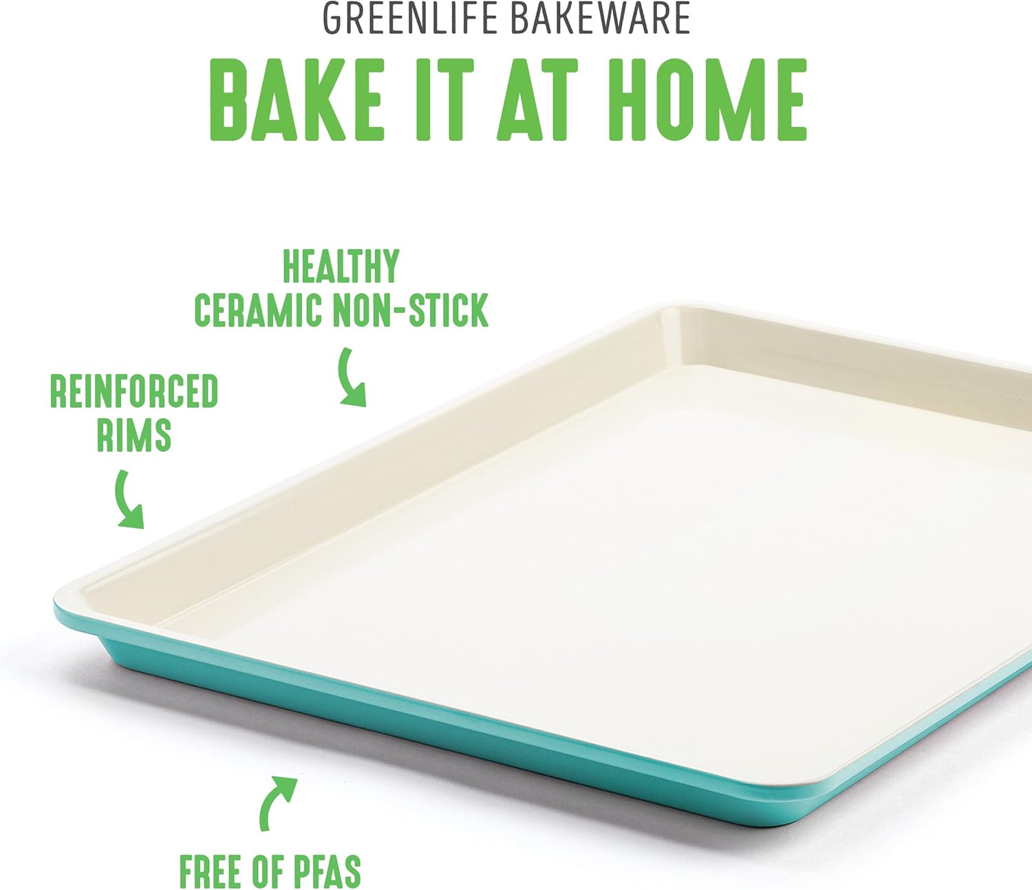 GreenLife Bakeware Healthy Ceramic Nonstick, 4 Piece Toaster Oven Baking Set with Cookie Sheet Muffin and Cake Pan, PFAS-Free, Turquoise