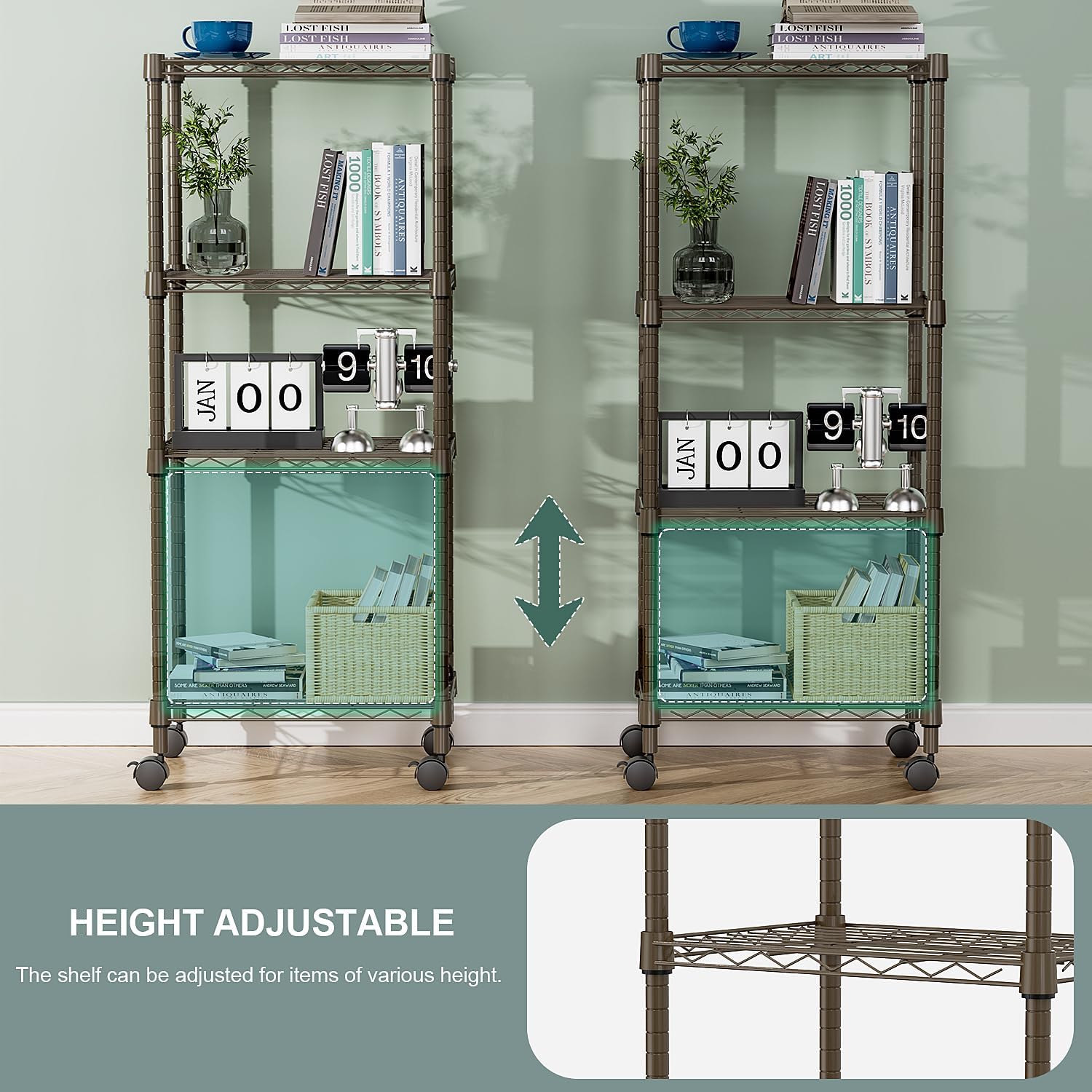 1000 lbs 4-Shelf Adjustable Heavy Duty Steel Wire Rack, Adjustable Storage Shelving Unit with Wheel for Kitchen, Garage, Laundry Brown 11.8" D x 17.7" W x 40.8" H