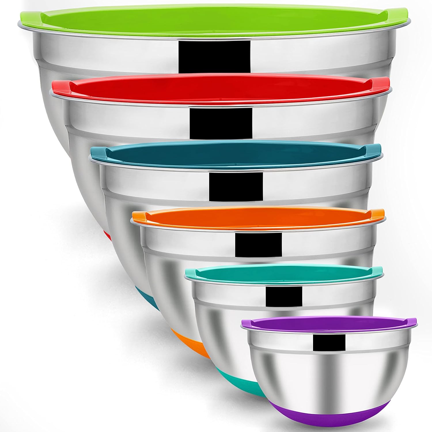 LIANYU Nesting Mixing Bowls Set of 6 with Airtight Lids, Size 7, 3.5, 2.5, 2, 1.5, 1QT, Large Stainless Steel Metal Bowls for Baking Cooking Food Storage, Non-slip Bottom, Colorful