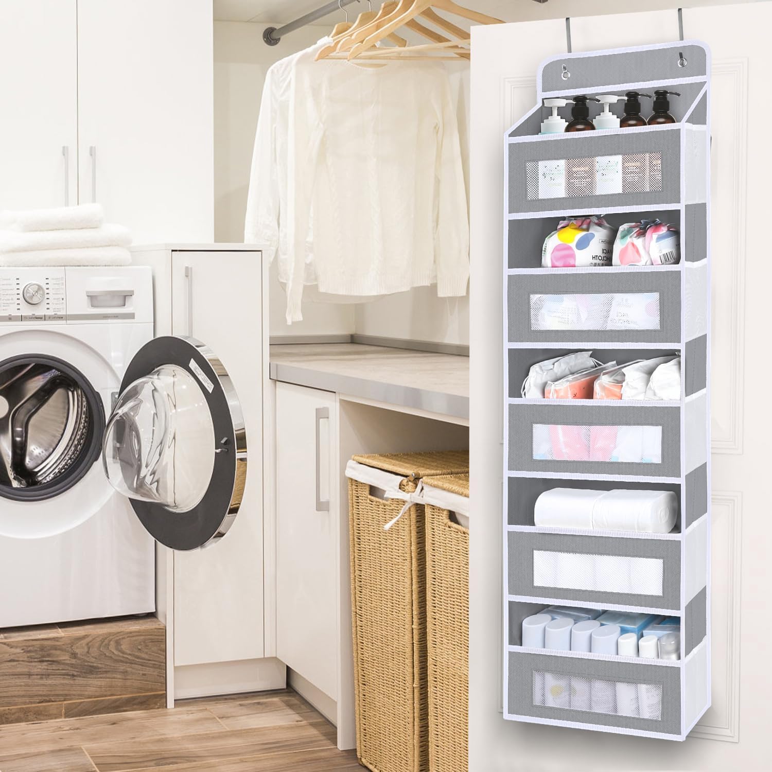 2 Pack Over The Door Organizer Storage, 5 Shelf Hanging Door Organizer with 10 Large Capacity Pockets, Anti Tilt 44 lb Load Behind Door Storage for Bedroom, Bathroom, Pantry, Nursery, (Grey)