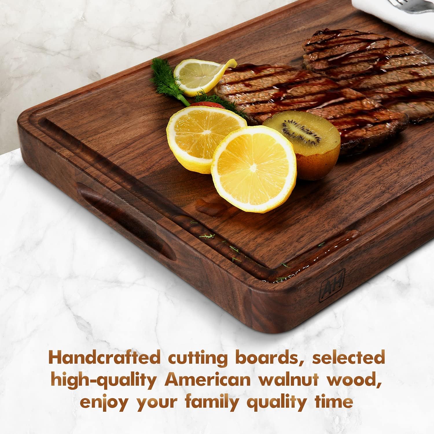 AZRHOM Large Walnut Wooden Cutting Board for Kitchen-17x11 Inch Wood Cutting Board with Juice Groove, Non-Slip Mats & Built-in Handles (Gift Box Included)