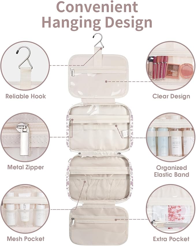 Narwey Hanging Floral Toiletry Bag for Women Travel Makeup Bag Organizer Toiletries Bag for Travel Size Essentials Accessories Cosmetics (Little Dusty Pink Flower (Medium))