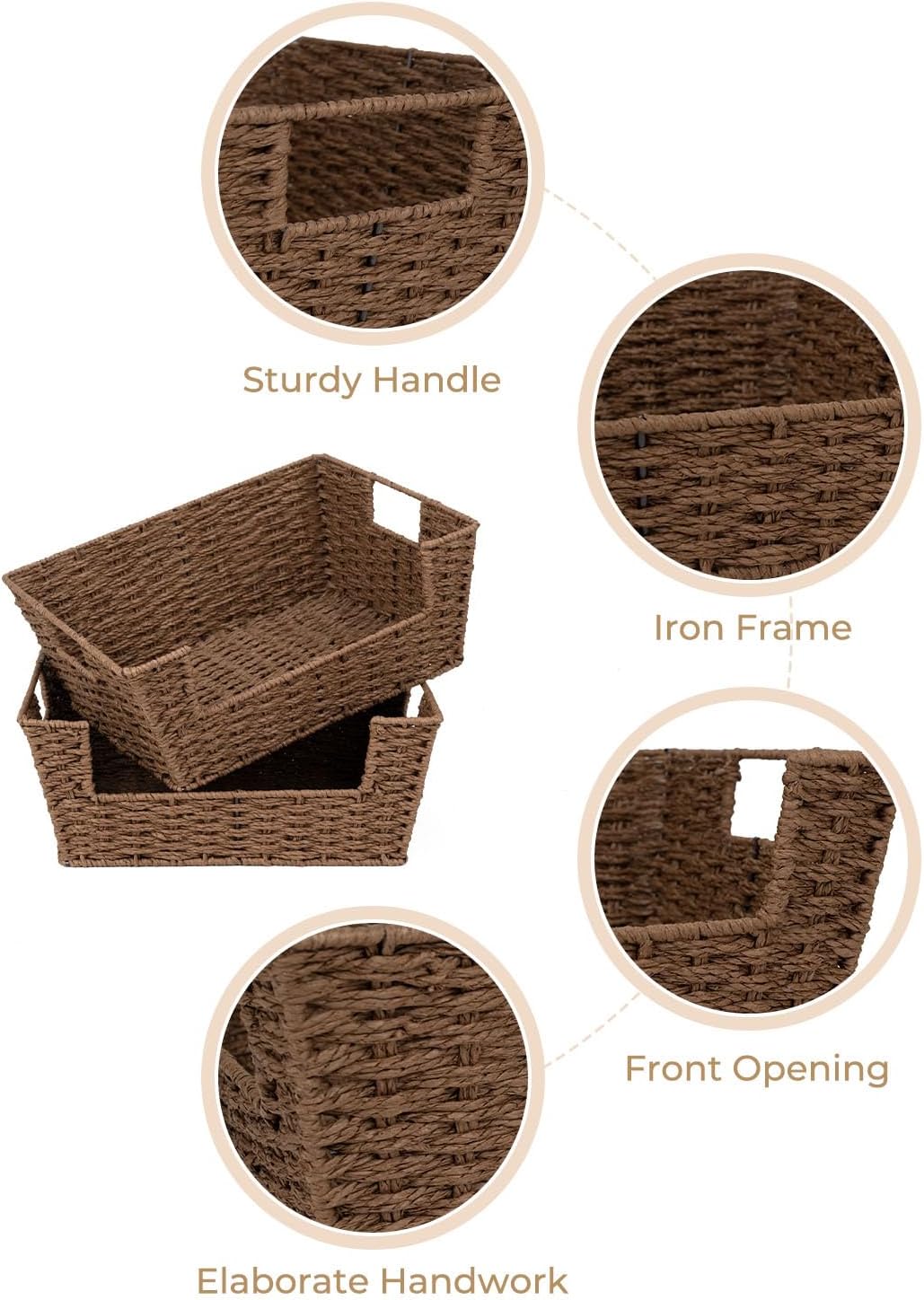 StorageWorks Round Paper Rope Woven Basket for Pantry Organizers and Storage, Stackable Pantry Storage Baskets for Shelves, Brown, 2-Pack