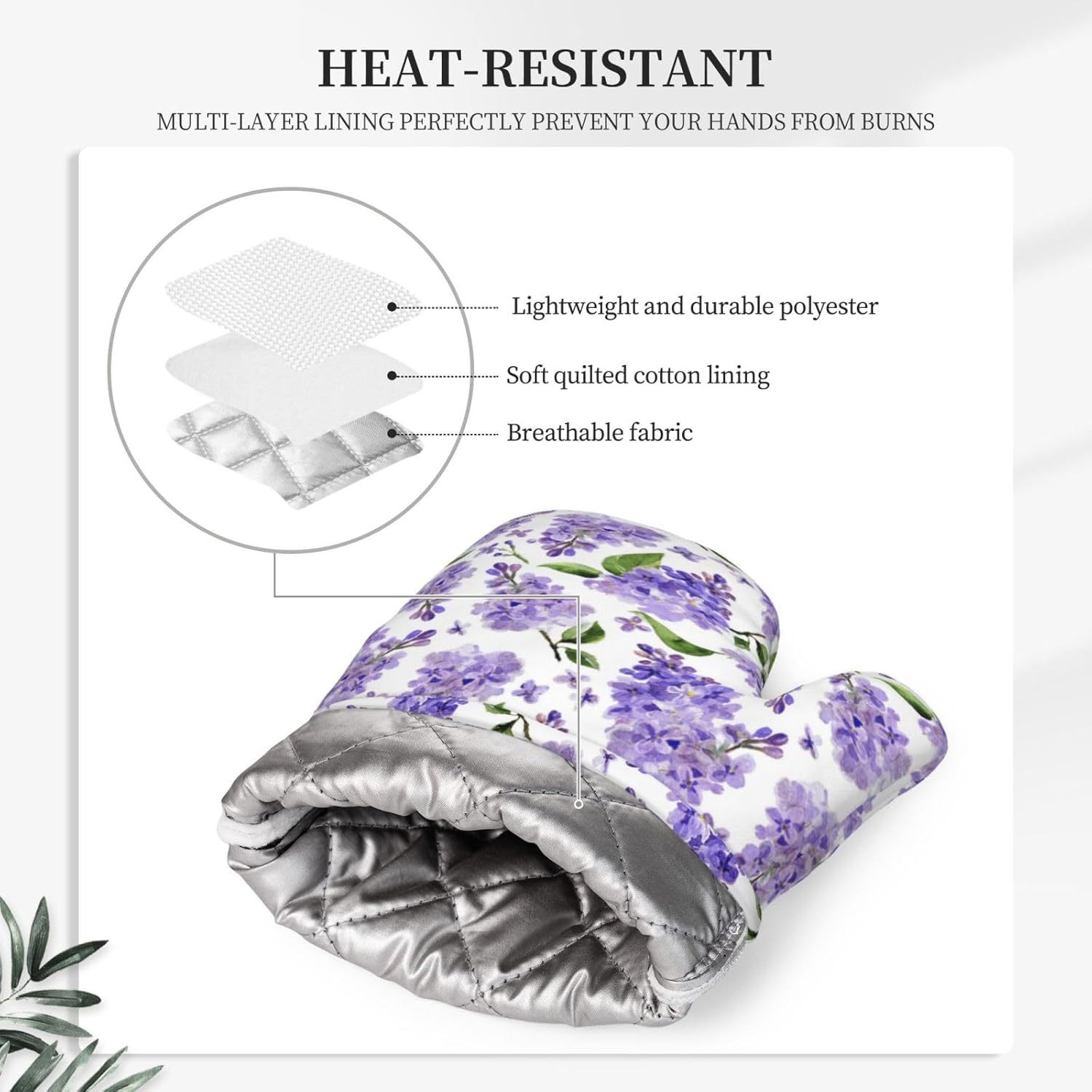 Lavender Oven Mitts and Pot Holders 4 pcs Set Silicone Lilac Flower Kitchen Oven Mitt Gloves Lavenders Pot Holders Non-Slip Heat Resistant Cooking Mitts Set for Kitchen Baking Grilling