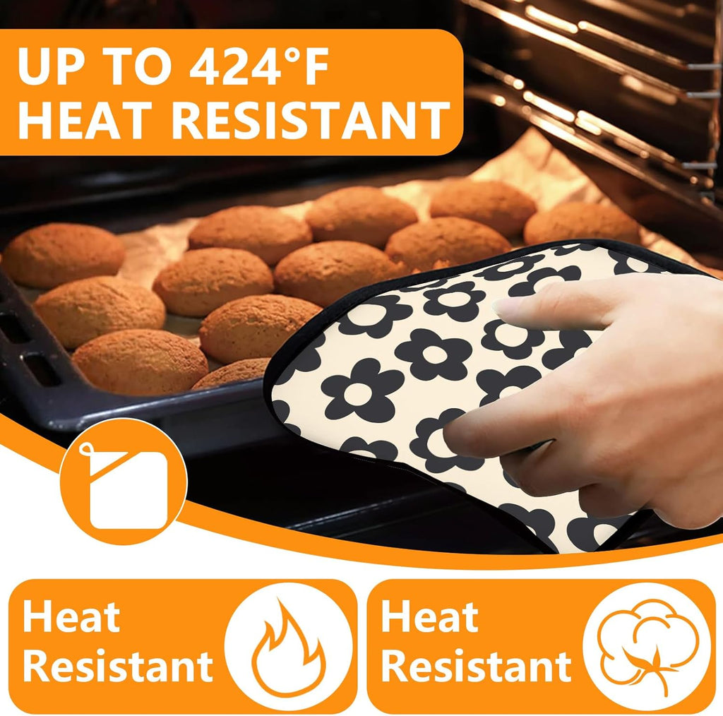 Daisy Flowers Oven Mitts and Pot Holders Sets 4Pcs,Extra Long Oven Gloves Potholder for Kitchen Cooking Baking BBQ 100% Cotton Heat Resistant