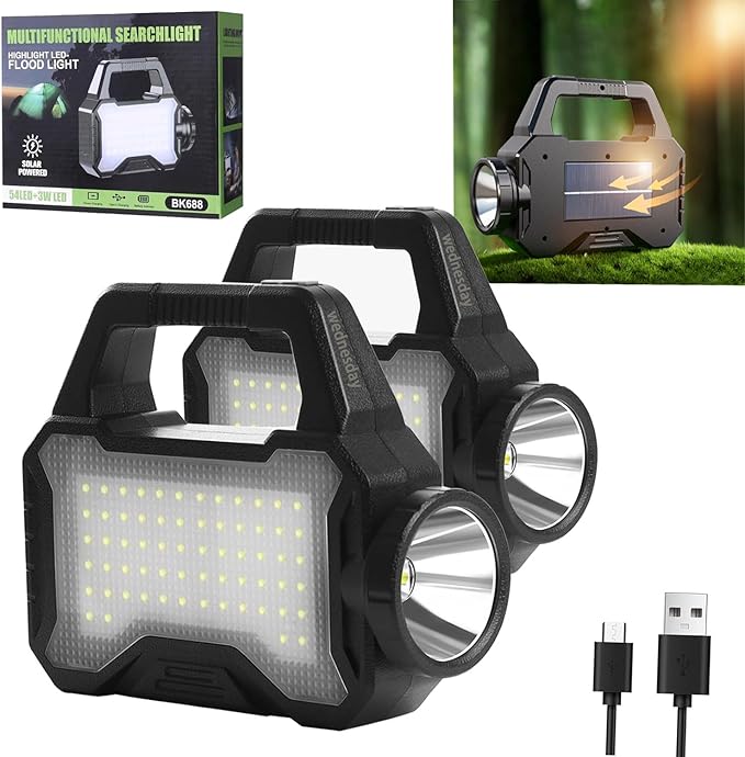 Wednesday Solar Flashlights for Emergencies,LED Solar Camping Lights,Multi-Functional Flashlights for Emergencies,Solar + USB Dual Charging Perfect for Power Outages,Outdoor Camping,and Hiking-2PCS