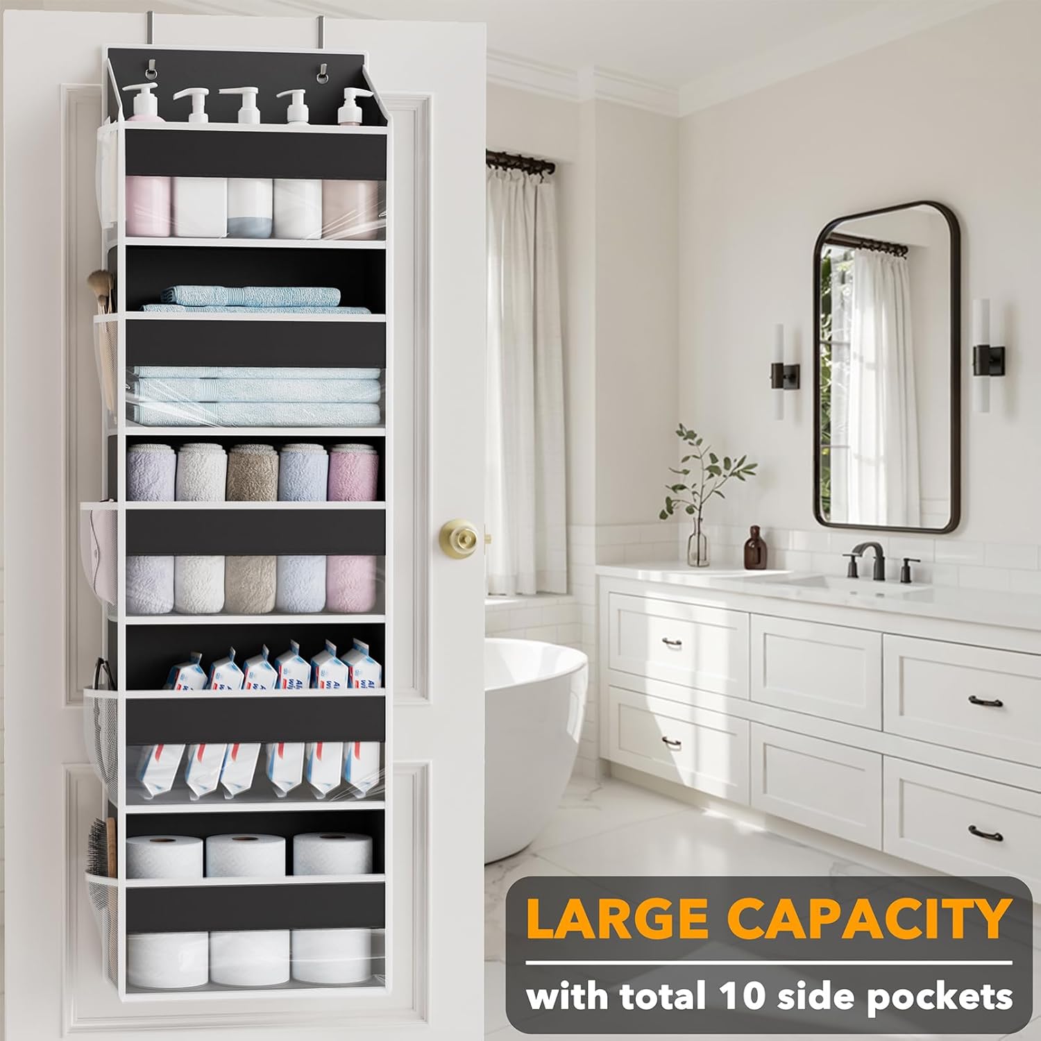 SpaceAid 2 Pack Over The Door Organizer with 5 Large Pockets and 10 Mesh Side Pockets, 5 Layers Door Organizer Hanging with Clear Window for Bedroom, Bathroom, Pantry and Nursery, Black