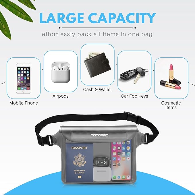 2-Pack Waterproof Fanny Pack, Phone Pouch with Waist Strap, 9x6.7 Inch Dry Bag for Phone, Cash, and Valuables – for Swimming, Kayaking, Boating, Snorkeling, and Water Sports (2, Grey + Blue)