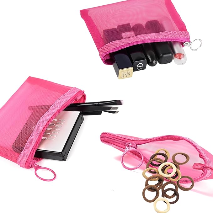 patu Mini Zipper Mesh Bags, 4" x 5", Size S / A7, 5 Pieces, Beauty Makeup Lipstick Cosmetic Accessories Organizer, Small Travel Kit Storage Pouch, Pink