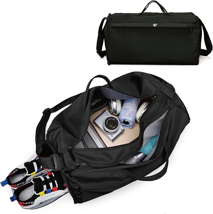 Sports Gym Bag for Women, Travel Workout Duffel Bag Overnight Shoulder Bag with Shoes Compartment and Wet Pocket Lightweight Weekend Bag Waterproof Black
