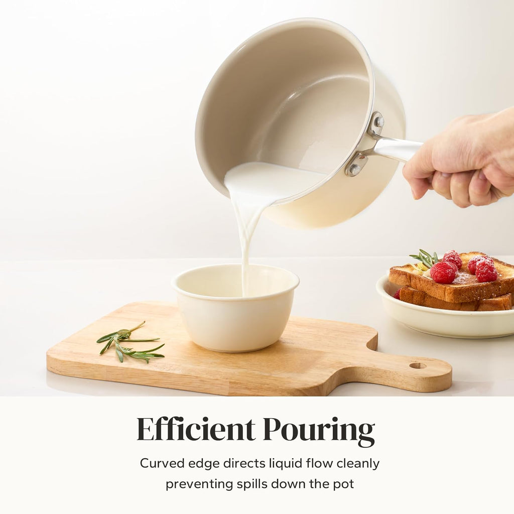 Redchef Nonstick Ceramic Sauce Pan With Lid, 3.5QT Small Cooking Pot with Stay-Cool Handle, Kitchen Non Toxic Soup Pot, PTFE & PFOA Free, Oven & Dishwasher Safe, Compatible with All Stovetops-Beige